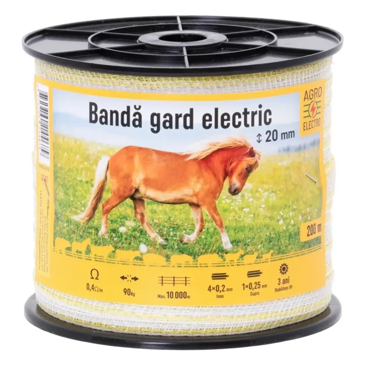 Bandă gard electric 20 mm, 200 m, 90 kg, 0,4 Ω/m